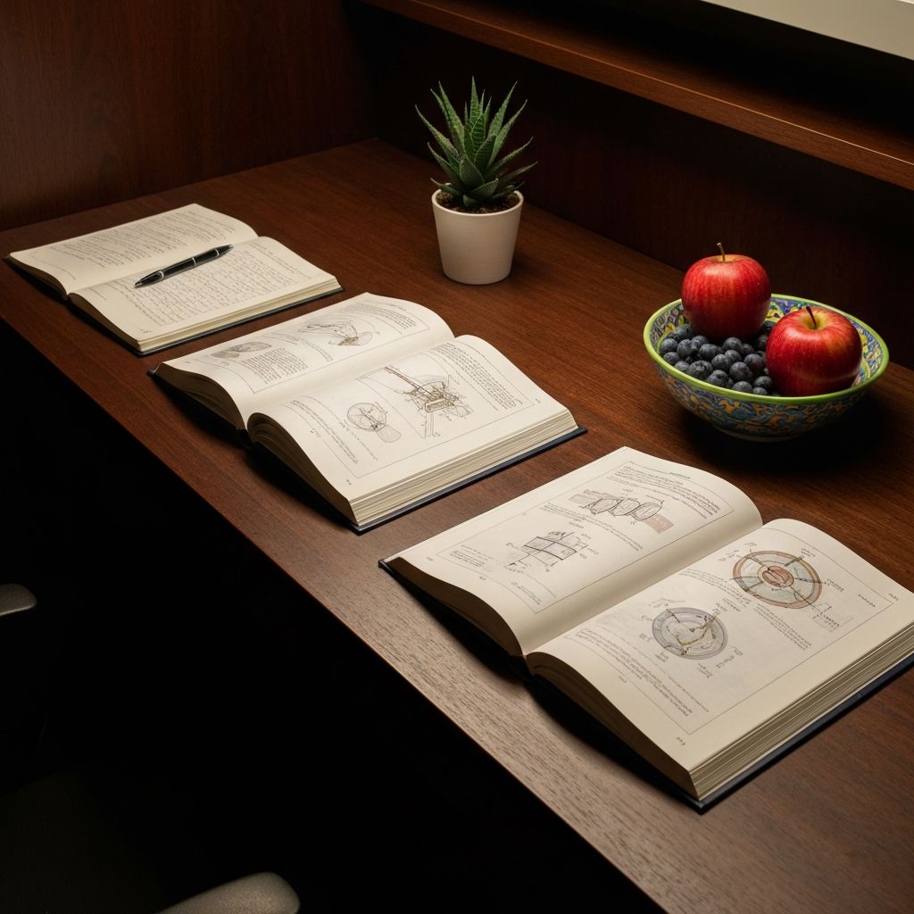 A research desk with open books, a notebook, and a bowl of fresh fruit in warm scholarly light
