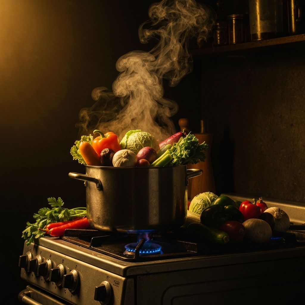 A steaming pot on a stove with fresh vegetables arranged beside it