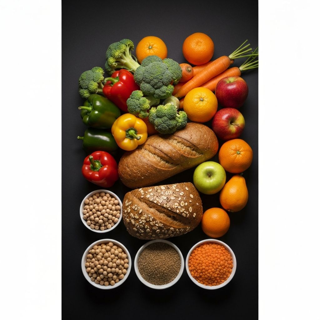 Overhead arrangement of food groups including colorful vegetables, whole grain bread, fresh fruits, and legumes