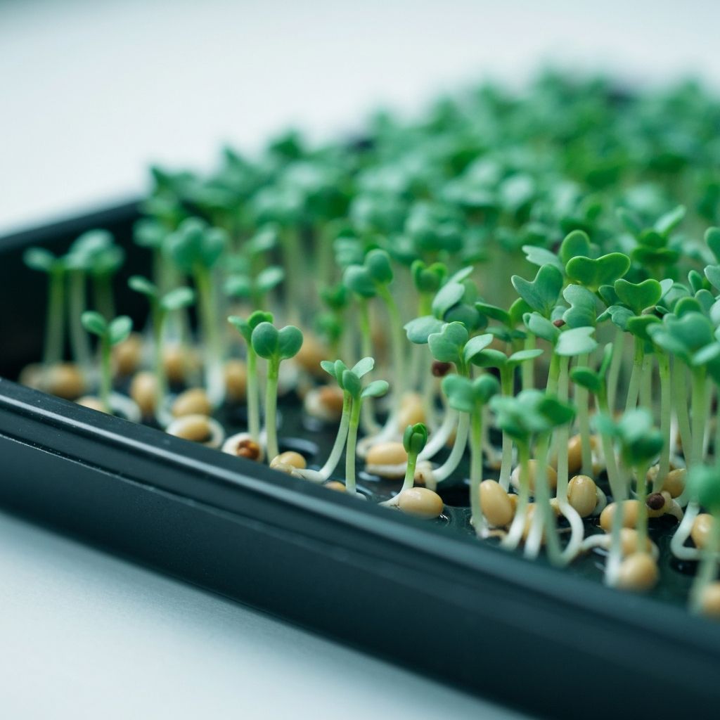 Sprouting seeds and microgreens in a tray with soft cool lighting
