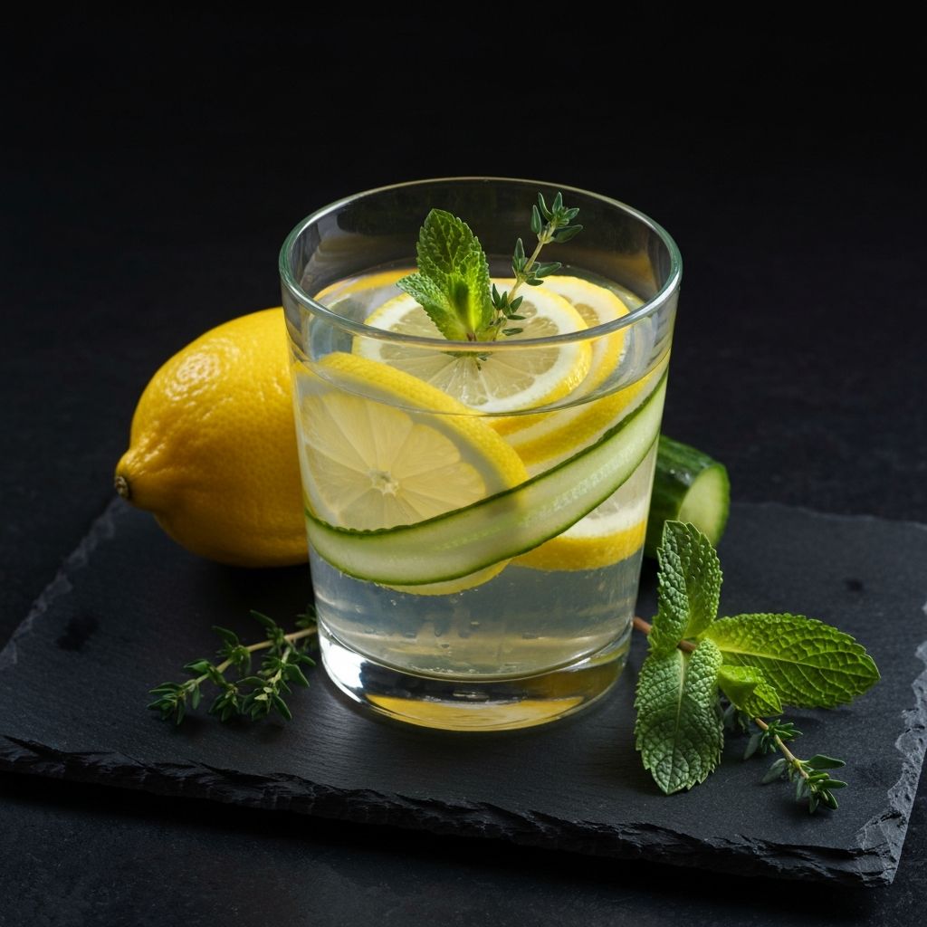 A glass of water with lemon slices and cucumber beside fresh herbs on a dark slate surface