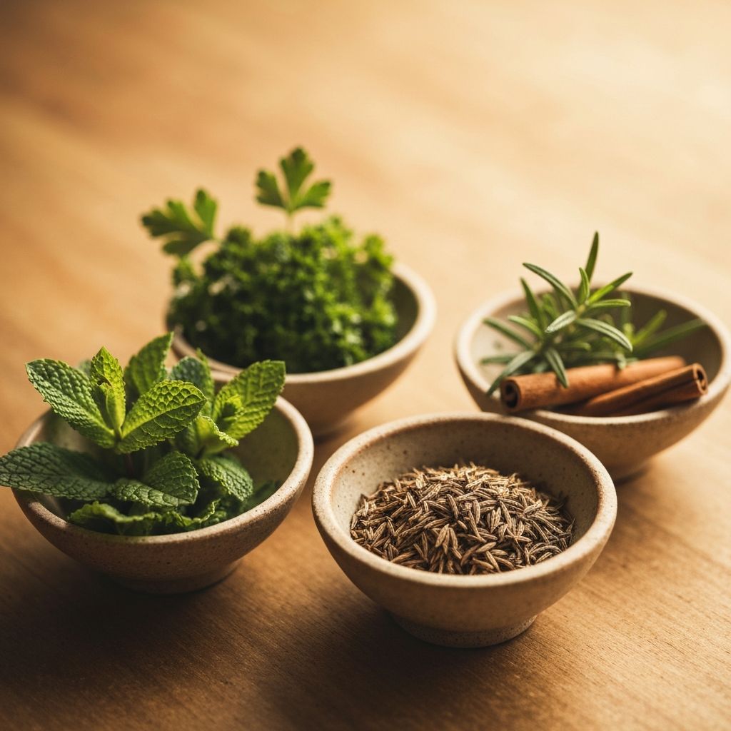 Fresh herbs and spices arranged in small ceramic bowls