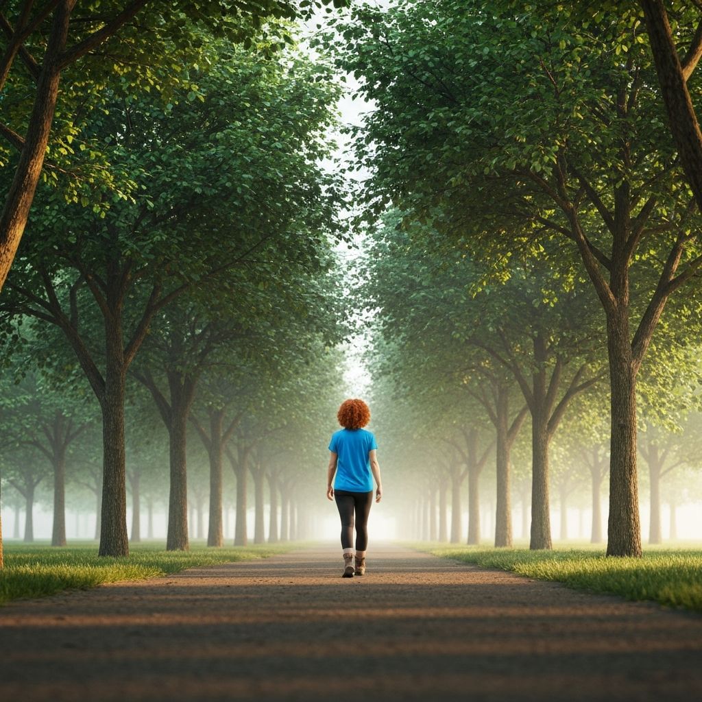 Person walking calmly in a green park pathway